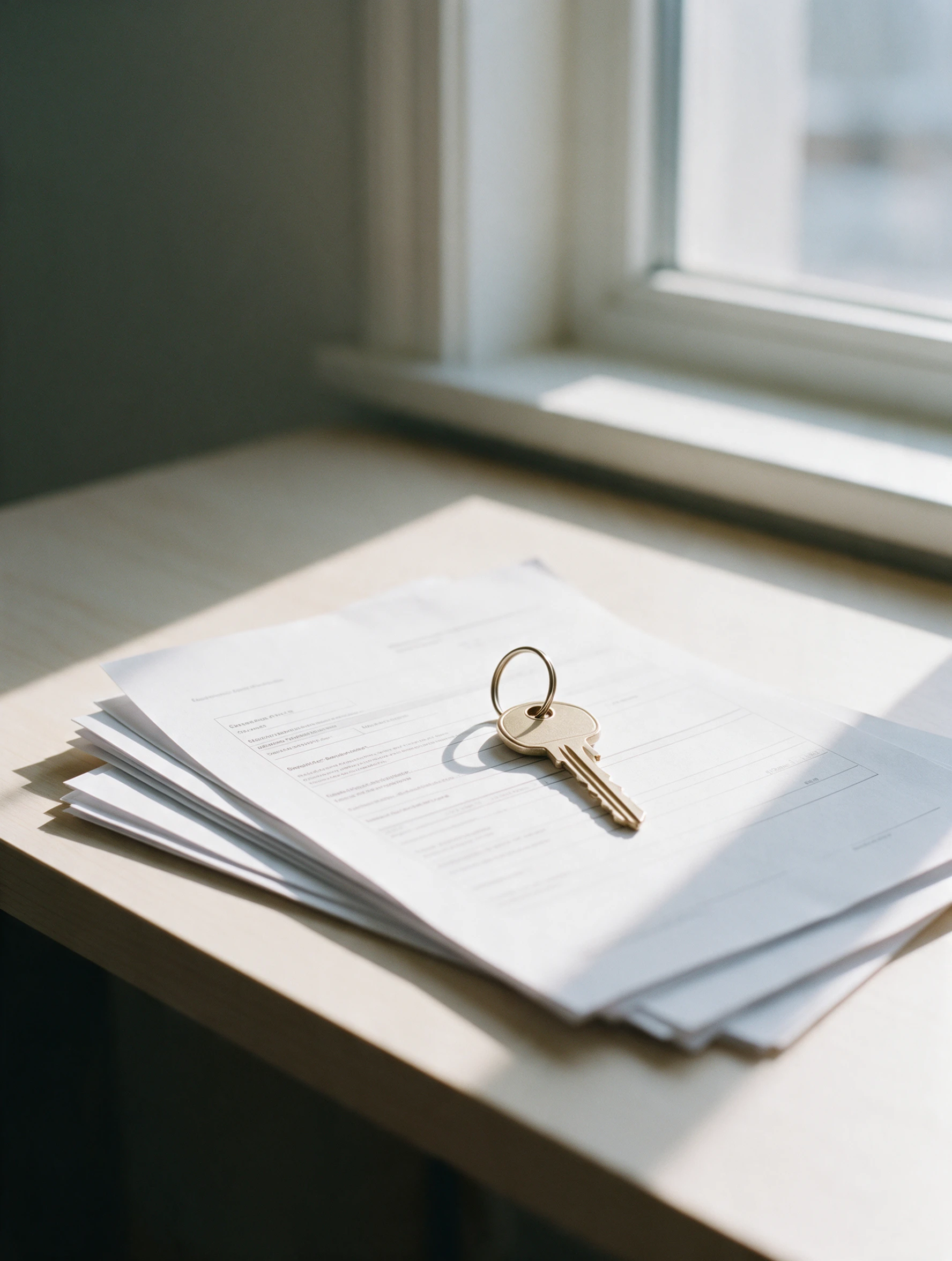 A key resting on mortgage documents on a desk.